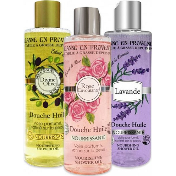 Jeanne en Provence Olive nourishing shower oil 250 ml + Captivating rose nourishing shower oil 250 ml + Lavender nourishing shower oil 250 ml, cosmetic set for women