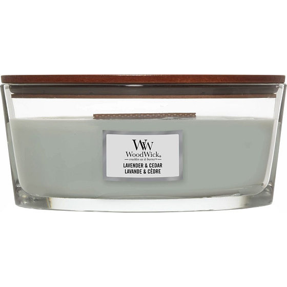 WoodWick Lavender & Cedar - Lavender and cedar scented candle with wooden wick and lid glass boat 453 g