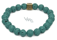 Lava dark green with royal mantra Om, bracelet elastic natural stone, ball 8 mm / 16-17 cm, born of the four elements