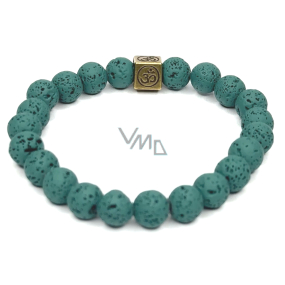 Lava dark green with royal mantra Om, bracelet elastic natural stone, ball 8 mm / 16-17 cm, born of the four elements