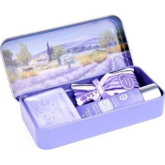 Esprit Provence Lavender toilet soap 60 g + scented bag + hand cream 30 ml + tin box with a picture of lavender rows, cosmetic set for women