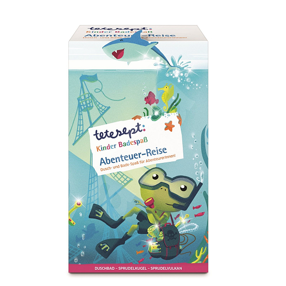 Tetesept Adventurer shower gel and shampoo 250 ml + Treasure hunters bath ball with surprise 140 g + Volcano sea salt 50 g cosmetic set of bath products for children