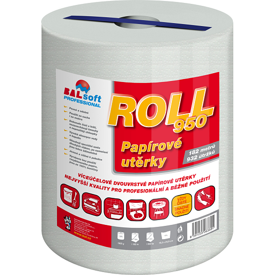 BALsoft Roll950 – bílá dvouvrstvá papírová utěrka v roli, 182 metrů, 923 útržků, vhodná pro profesionální i běžné použití