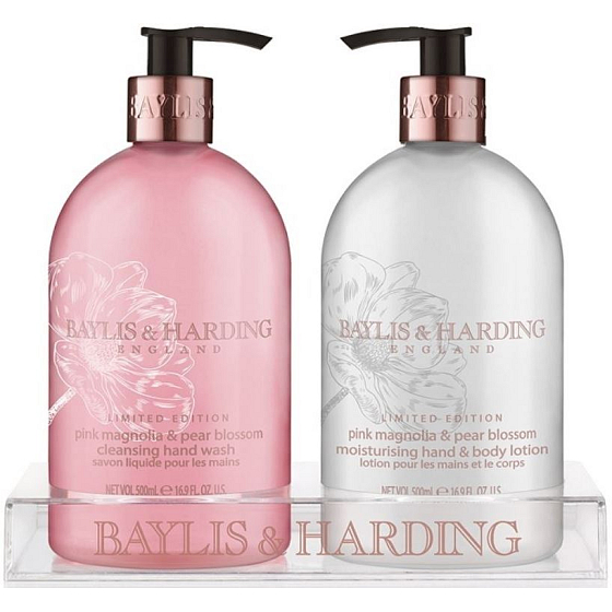 Baylis & Harding Pink Magnolia and Pear Blossom Liquid Soap Dispenser 500 ml + Hand Milk Dispenser 500 ml, Cosmetic Set