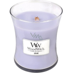 WoodWick Lilac - Lilac scented candle with wooden wick and glass lid medium 275 g