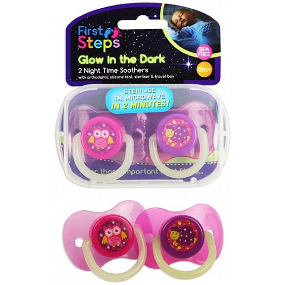 First Steps Glow In The Dark Pacifier Glowing in Box Pink-Purple 2 Pieces