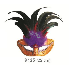Golden ball mask with black feathers 30 cm suitable for adults