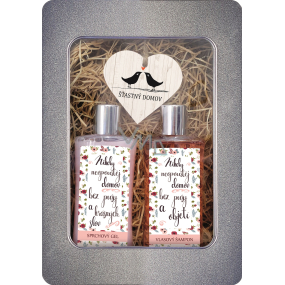 Bohemia Gifts Happy Home Shower Gel for Women 250 ml + hair shampoo 250 ml + wooden heart 1 piece, tin box cosmetic set