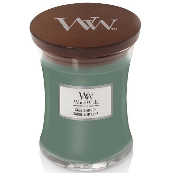 WoodWick Sage & Myrht - Sage and myrrh scented candle with wooden wick and lid glass medium 275 g