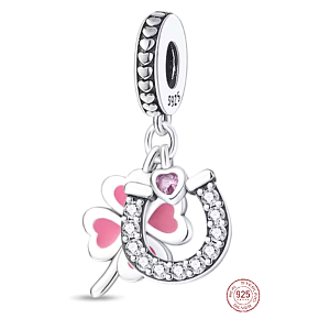Charm Sterling Silver 925 Four-Leaf Clover for Luck, Horseshoe, Heart, 3-in-1 Pendant for Luck Bracelet