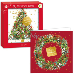 Christmas cards traditional with pictures Christmas tree, wreath 10 pieces