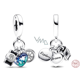 Charm Sterling silver 925 World map in heart, compass, camera 3in1, travel bracelet pendant