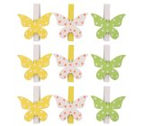 Butterflies wooden pegs 3 colours 4,5 cm, 9 pieces in bag