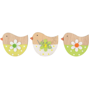 Wooden bird on a pin green and white 6 cm 3 pieces