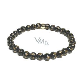 Agate black with royal mantra Ohm bracelet elastic natural stone, ball 6 mm / 16-17 cm, adds recoil and strength