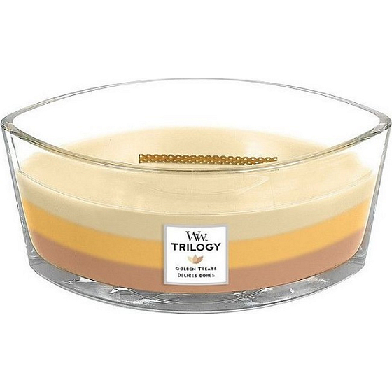 WoodWick Trilogy Golden Treats - Golden delicacies scented candle with wooden wide wick and ship lid 453 g