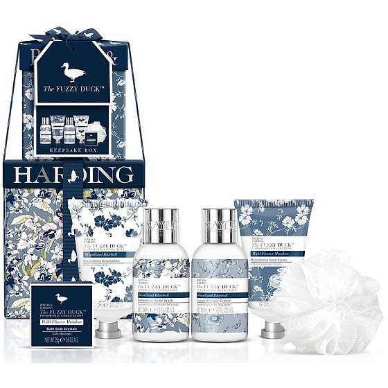 Baylis & Harding The Fuzzy Duck Cotswold Floral cleansing gel 100 ml + shower cream 100 ml + body lotion 50 ml + hand cream 50 ml + bath crystals 25 g + cleansing sponge, cosmetic set for women