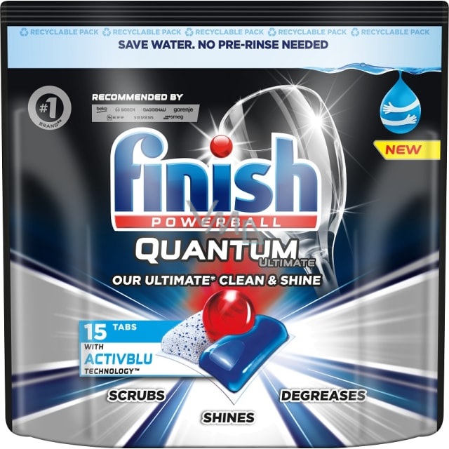 Finish Quantum Ultimate tablets for the dishwasher, protects dishes and glasses, brings dazzling