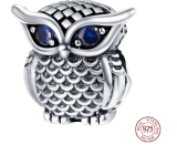 Sterling silver 925 Owl with blue cubic zirconia, bead on bracelet animal