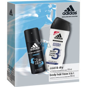 Adidas Cool & Dry Fresh antiperspirant deodorant spray for men 150 ml + Hydra Sport 3 in 1 shower gel for body, hair and face for men 250 ml, cosmetic set