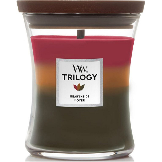 WoodWick Trilogy Hearthside Foyer - Sitting by the fireplace scented candle with wooden wick and lid glass medium 275 g