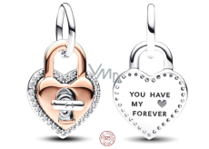 Charm Sterling silver 925 Two-tone rotating heart Padlock 2in1, love bracelet pendant