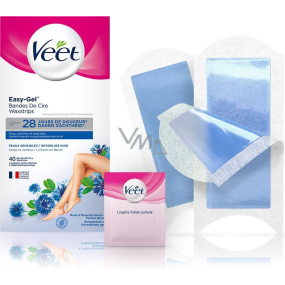 Veet Easy-Gel Body and legs depilatory wax strips for sensitive skin 40 pieces + Perfect Finish wipes for final care 4 pieces