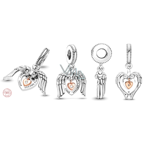 Charm Sterling silver 925 Angel wings and heart with diamond, pendant on bracelet symbol