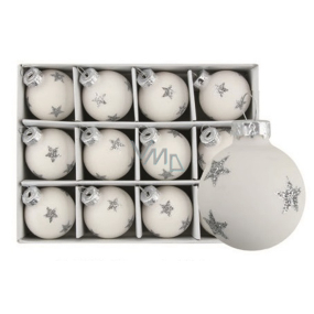 White glass baubles with star set 3 cm, 12 pieces