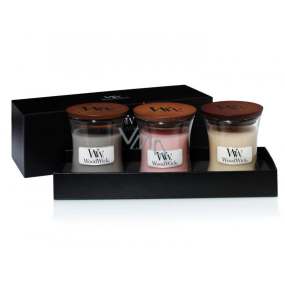 WoodWick Coastal Sunset + Vanilla Bean + Fireside Christmas candle set with wooden wick and lid glass small 3 x 85 g