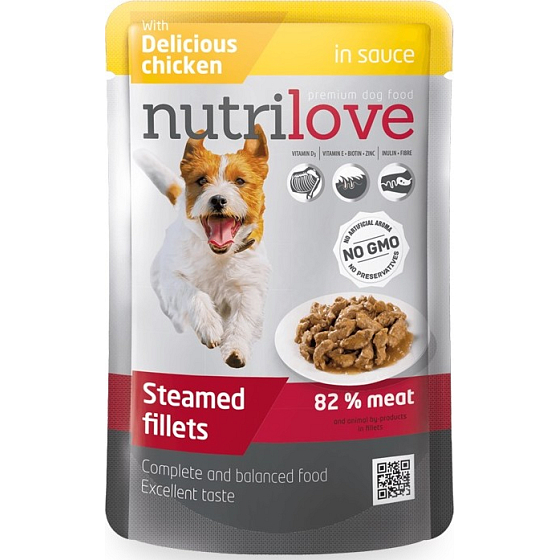 Nutrilove Stewed fillets with juicy chicken in sauce complete dog food pocket 85 g