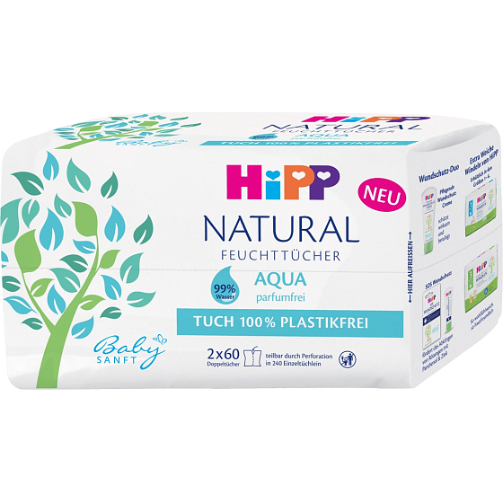 HiPP Babysanft Natural Aqua cleaning wet wipes without plastics for children 2 x 60 pieces