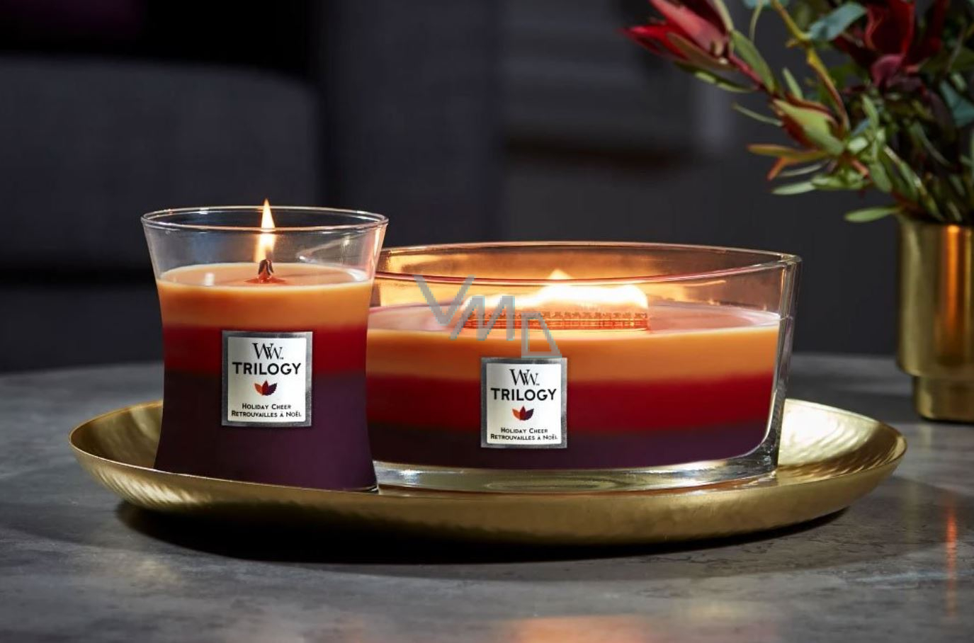 WoodWick Trilogy Holiday Cheer Holiday joy scented candle with wooden