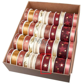 Ditipo Fabric Christmas ribbon with wire Dark red with gold stars 3 m x 25 mm