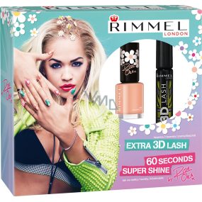 Rimmel London Extra 3D Lash Mascara 003 Extreme Black 8 ml + 60 Seconds Nail Polish by Rita Ora nail polish 408 Peachella 8 ml, cosmetic set