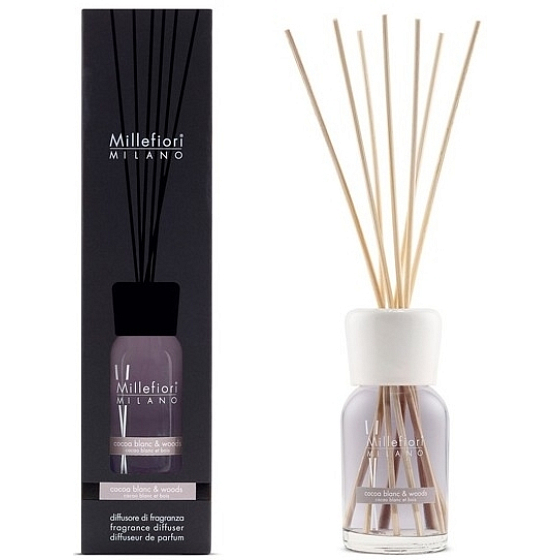 Millefiori Milano Natural Cocoa Blanc & Woods - White cocoa and wood Diffuser 100 ml + 7 stalks 25 cm long for smaller spaces lasts 5-6 weeks