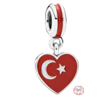 Charm Sterling Silver 925 Turkish Flag Heart - I Love Turkey, Travel Bracelet Pendant