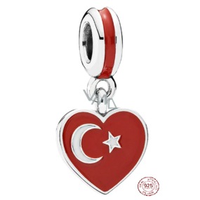 Charm Sterling Silver 925 Turkish Flag Heart - I Love Turkey, Travel Bracelet Pendant