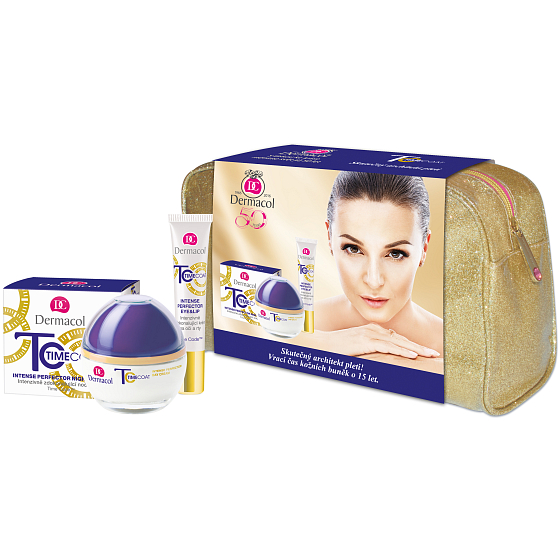 Dermacol Time Coat Day Cream intensively improving day cream 50 ml + Time Coat Eye & Lip Cream intensively improving cream for eyes and lips 15 ml + case, cosmetic set