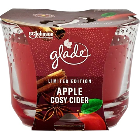 Glade Apple Cozy Cider with the scent of hot apple cider and fragrant cinnamon scented large candle in a glass, burning time up to 52 hours 224 g