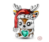 Charm Sterling Silver 925 Christmas Reindeer with Heart, Bead for Christmas Bracelet