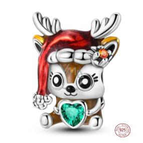 Charm Sterling Silver 925 Christmas Reindeer with Heart, Bead for Christmas Bracelet