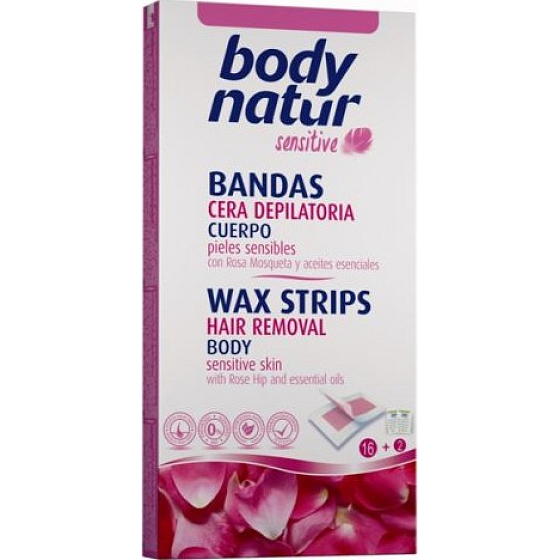 Body Natur Sensitive Rosehip Oil and Essential Oil Epilation Wax Tapes Wax Tapes for Body 16 Pieces + Post-Wipes 2 Pieces