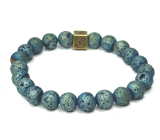 Lava blue plated with royal mantra Om, bracelet elastic natural stone, ball 8 mm / 16-17 cm, born of the four elements