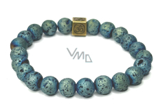 Lava blue plated with royal mantra Om, bracelet elastic natural stone, ball 8 mm / 16-17 cm, born of the four elements