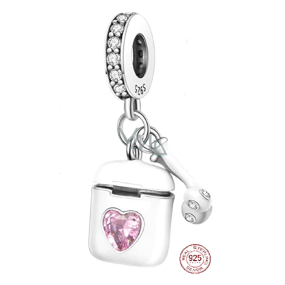 Sterling silver 925 Airpods headphones with pink heart, 2in1 pendant bracelet interests