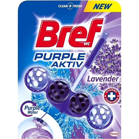 Bref Purple Aktiv Lavender toilet block for hygienic cleanliness and freshness of your toilet, colors the water in a purple shade of 50 g