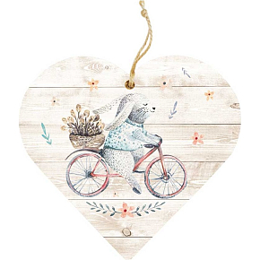 Bohemia Gifts Wooden decorative heart with print Rabbit on a wheel 12 cm