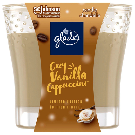 Glade Maxi Cosy Vanilla Cappuccino with the scent of vanilla and freshly ground coffee scented large candle in glass, burning time up to 52 hours 224 g
