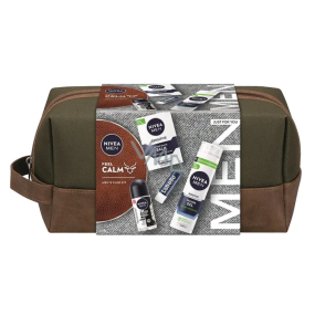 Nivea Men Feel Calm Sensitive After Shave Balm 100 ml + Nivea Men Sensitive Shaving Gel 200 ml + Nivea Men Black & White Invisible Original Antiperspirant Roll-On 50 ml + Labello Men Active Lip Balm 4.8 g + Cosmetic Bag, Men's Grooming Set